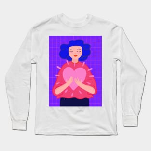 Blue hair girl with big pink heart Long Sleeve T-Shirt